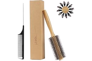 Vista Boar Bristle Round Brush with Bamboo Handle, Styling Hair Brush for Blow Drying, Detangling Hair Brush with Tail Comb f