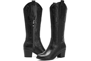 FW FRAN WILLOR Women's Cowboy Boots Knee High with Side Zipper Wide Calf Cowgirl Boots Comfortable Western Classic Embroidered Pointy Toe Fashion Retro Classic Pull On Tall Boot Fall Winter
