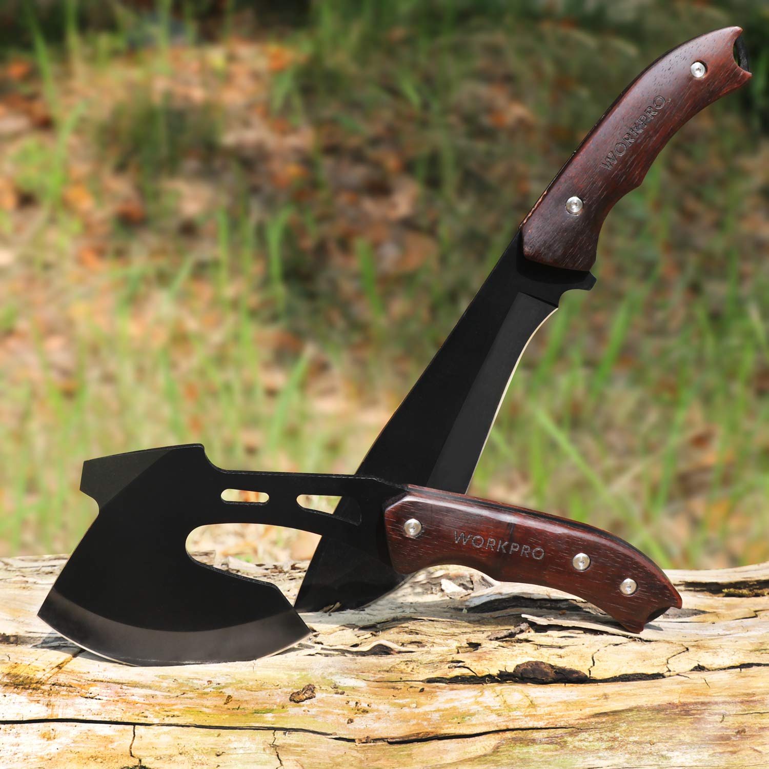 WORKPRO Axe and Fixed Blade Knife Combo Set, Full Tang, Wood Handle