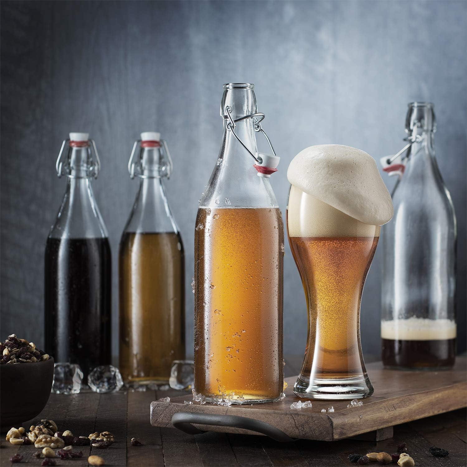 Giara Swing Top Bottles 33 ¾ Ounce/1 Liter (6 Pack) ROUND Clear Glass Grolsch Flip Top Bottle With Stopper, for Beverages, Smoothies, Kefir, Beer, Soda, Juicing, Kombucha, Water, Milk, Oil and Vinegar: Kitchen & Dining