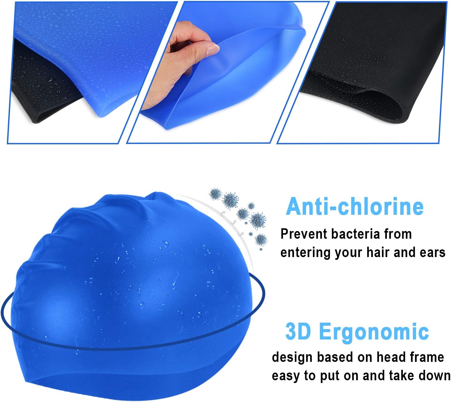 DECYOOL 2 Pack Silicone Swim Caps, Waterproof Unisex Premium Silicone No-Slip Swimming Hat : Sports & Outdoors