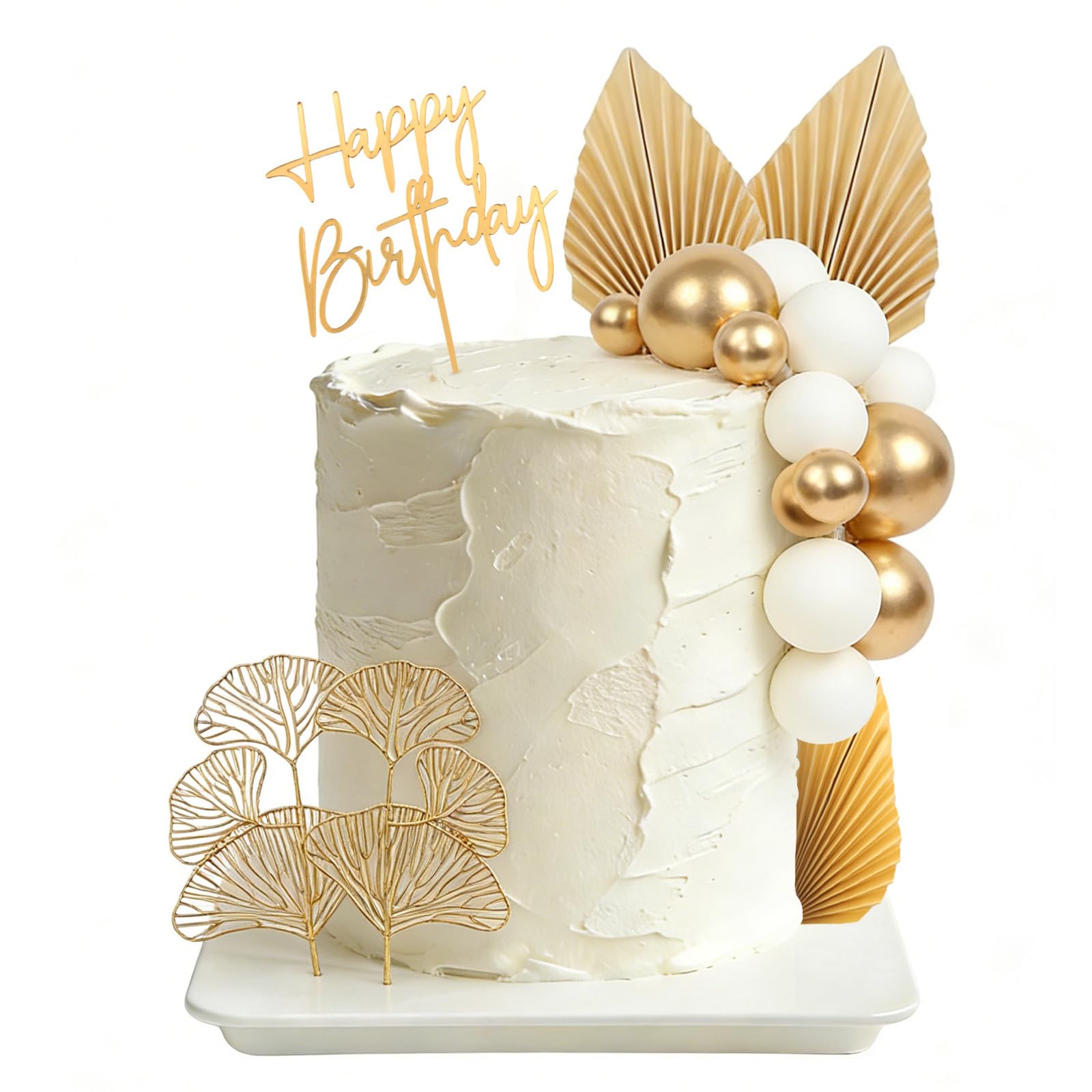 30 Pcs Gold Cake Decorations-Gold Palm Leaves Cake Decoration with 1 Acrylic Cake Topper, Boho Cake Decorations for Weddings, Birthdays, Anniversaries, Valentine's Day Parties