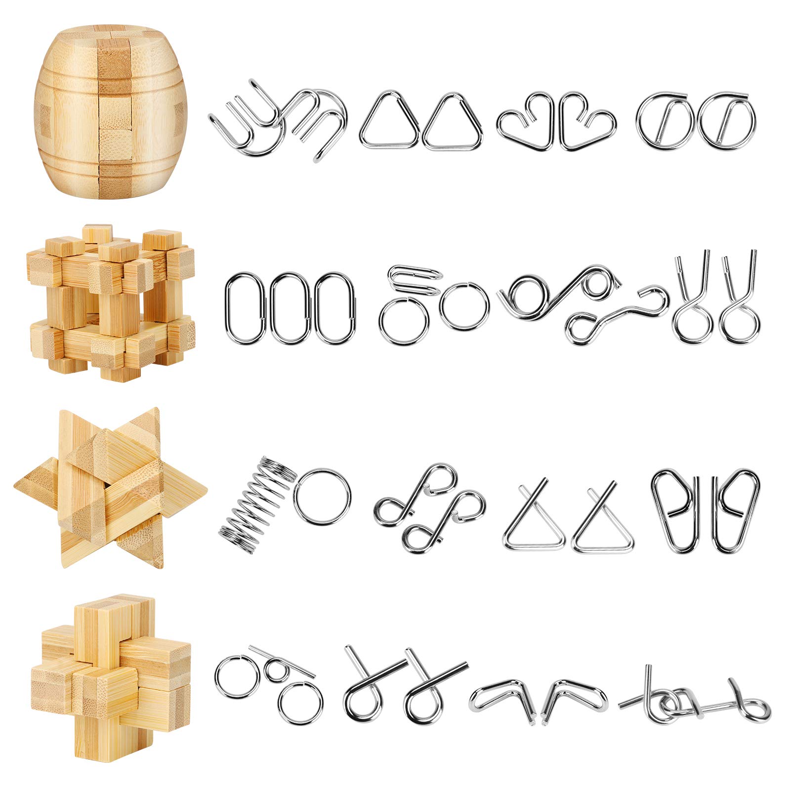Yideng Brain Teasers Metal Puzzle & Wooden Puzzle Set IQ Test Mind Game Toys 3D Metal Wire Puzzles Magic Trick Educational Intelligence Puzzles Toy Jigsaw Puzzle for Students Adults (20pcs)