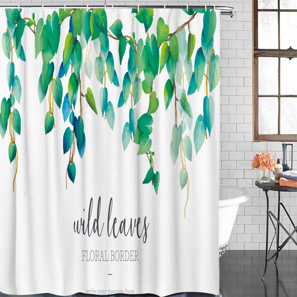 wanxinfu Green Radish Leaf Shower Curtain Set with Hooks, Green Plant Design Little Fresh Leaves Pattern Waterproof Polyester Fabric Bath Curtains Sets for Bathroom, 36" x 72"