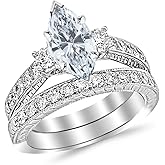 14K White Gold 3 Carat LAB GROWN DIAMOND Three Stone Vintage With Milgrain & Filigree Bridal Set with Wedding Band & Marquise Cut Diamond Engagement Ring (E-F Color VS2-SI1 Clarity 2 Ct Center)
