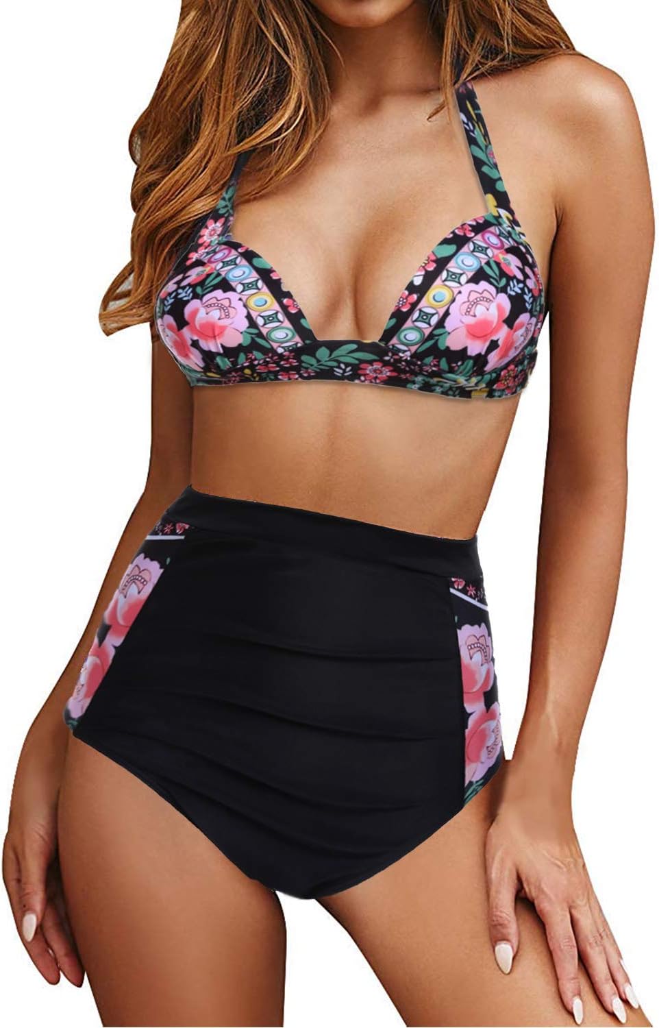 Walant Women's Halter Geometric Print High Waisted Swimsuit Bathing Suits Bikini