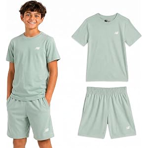 New Balance Boys 2 Piece Cotton Blend Jersey Shirt & Basketball Shorts | Bold Front Design, Breathable Short Sleeve Top, Flex
