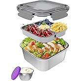 ENCYS Salad Container for Lunch Large-60-oz,3 Compartment Bento-Style Tray and 1.5-oz Salad Dressings Container,Stainless Steel Food Containers with Lids, Lunch Box, Bento Box (Grey)