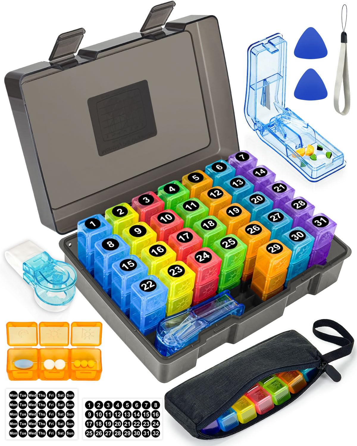 Photo 1 of Monthly Pill Organizer 3 Times a Day – Yonlog Large Medicine Box with Weekly Travel Bag, Pill Cutter, Easy-Open Pick, Pill Taker Tool, and 2 Medication Stickers (Black, 3 Times a Day)