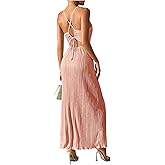 OYOANGLE Women's Summer Textured V Neck Sundress Tie Back Spaghetti Strap Pleated A Line Beach Long Maxi Party Dress