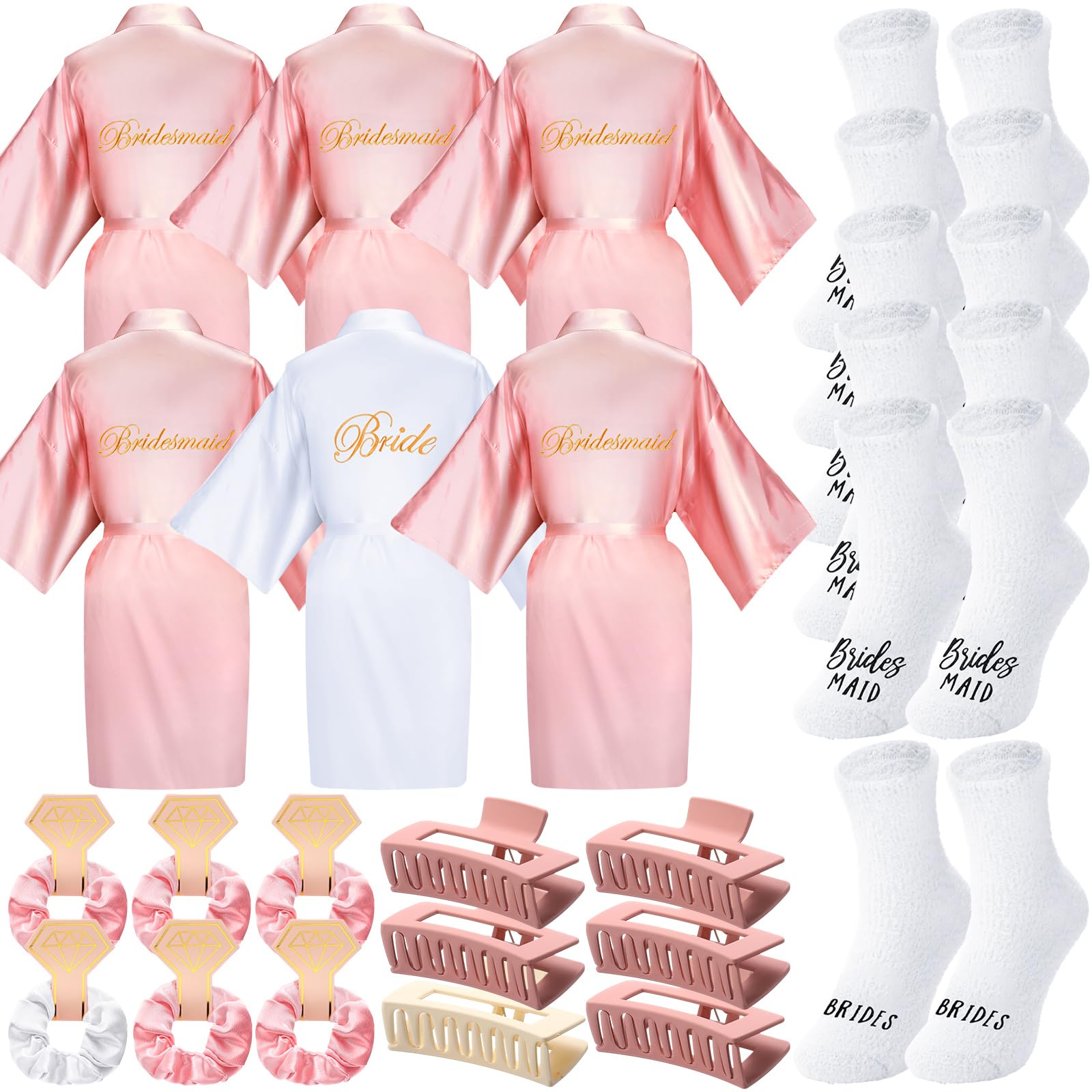 Photo 1 of ***Missing Bride's and all socks/ Only Bridesmaids'***
Bonuci 24 Pcs Bride Bridesmaid Robes Set of 6 Bridal Silk Satin Robes for Wedding Bachelorette Party Bridal Shower Gifts(Pink and White)