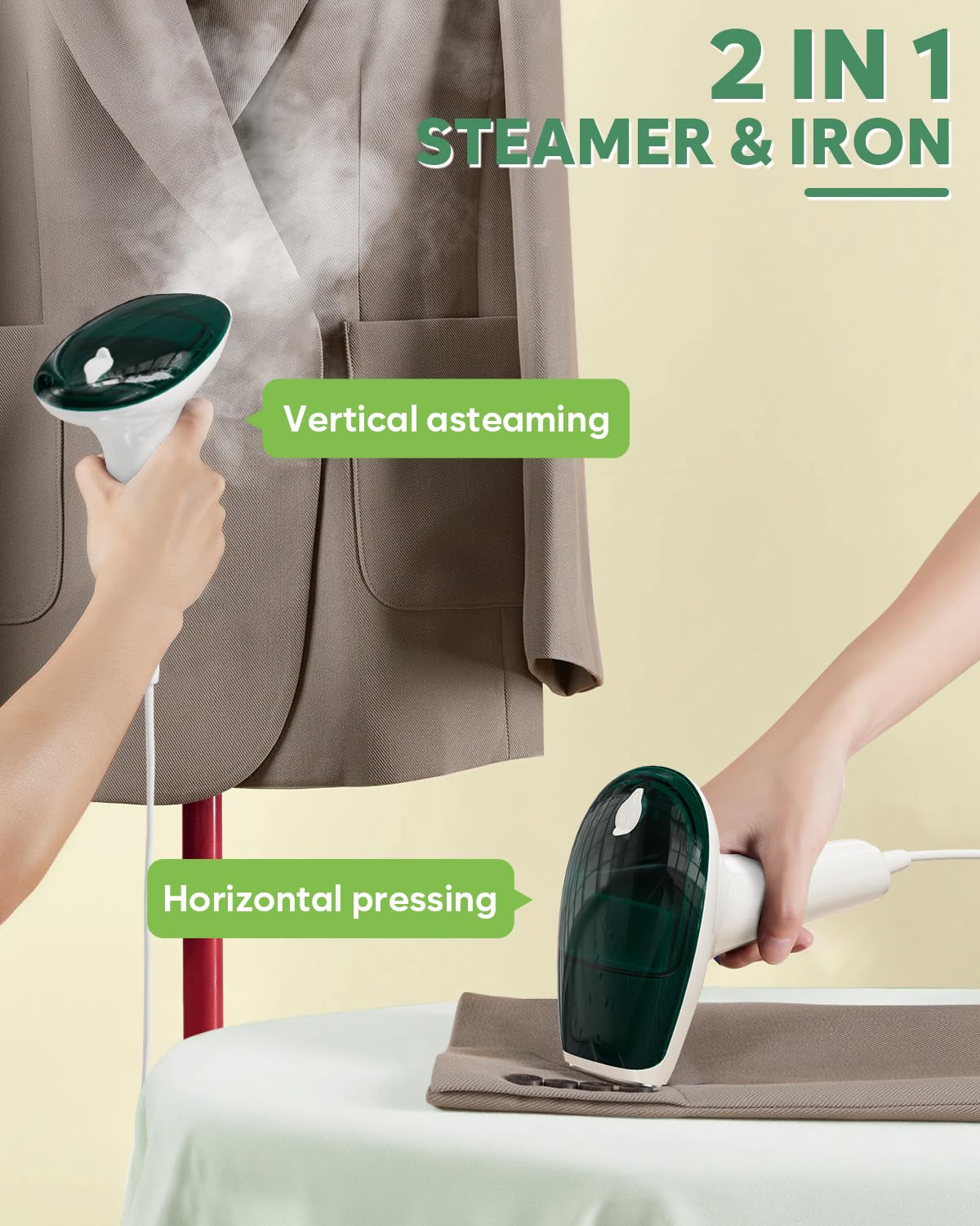 CPWORLD Steamer for Clothes, Portable Mini Travel Garment Steamer, 20-Second Fast Heat-up, Strong Penetrating Steam, Handheld Steamer, Water Cup and Storage Bag Included, for Home, Office and Travel