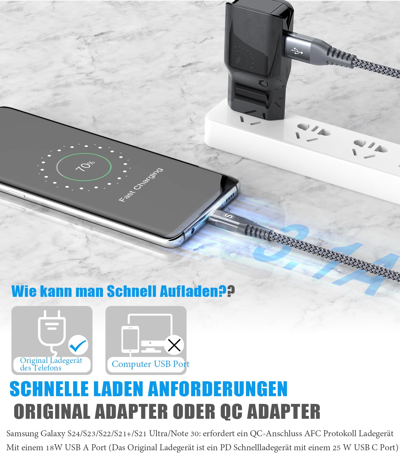 sweguard USB C Kabel 3.1A [2Stück 3m] Schnellladung, Ladekabel USB C Nylon für iPhone 15 16 Pro Max, Samsung Galaxy S24 S23 S22 S21 S20 S10 S9 S8 Plus,Note,A71 A55 A52 A51 A50 A15,Flip Pixel LG Moto 5