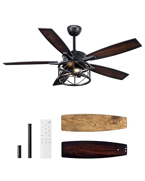 EDISHINE 52″ FARMHOUSE CEILING FANS WITH LIGHTS, 10%-100% DIMMABLE, REMOTE CONTROL, 5 WOOD BLADES, 1/2/4/6H TIMER, 6 SPEEDS REVERSIBLE DC MOTOR, RUSTIC CEILING FAN FOR BEDROOM LIVING ROOM, UL LISTED