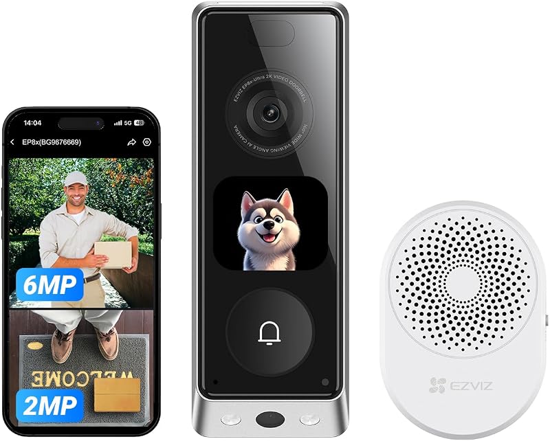 Campainha sem fios EP8 Ultra Câmara Dupla Exterior 6MP+2MP, Sinal CH1, Ecrã Interativo, Detetar Pessoa/Pacote, Pré-Gravação, 2 Baterias Recarregáveis, 32GB EMMc Interno, Wi-Fi 6, 2,4GHz