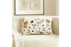 ONWAY Floral Embroidered Decorative Throw Pillow Covers 12x20 Inch Blue Flowers Butterfly Leaves Cushion Case for Bedroom Sof