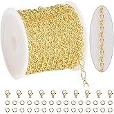 KYUNHOO 5 Meters Stainless Steel Jewelry Making Chain for Crafting 18K Gold Plated Chains on Spool Dainty Figaro Chain Twisted Cable Chain Link with Jewelry Clasps for Handcraft Making