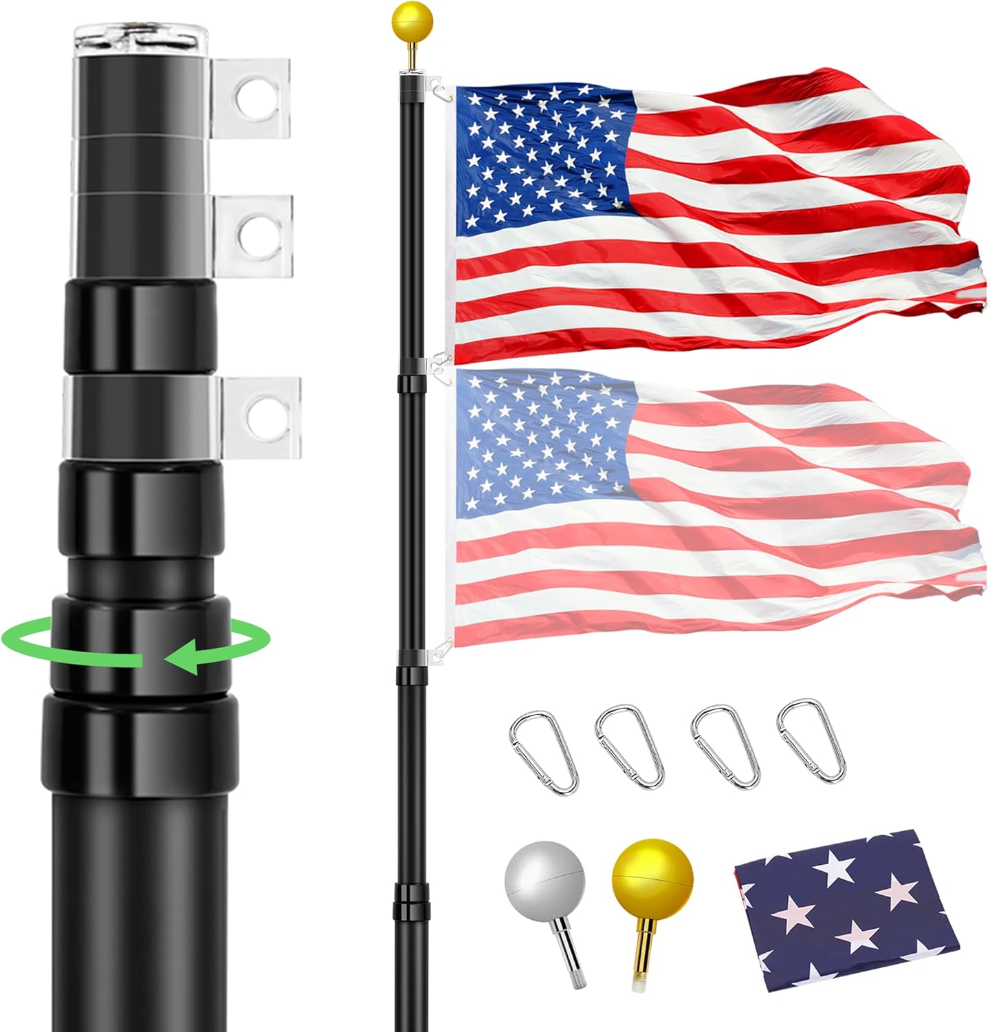 Flagpole Hardware - CludPark Flag Poles for Outside In Ground, 20 FT Telescopic Flag Pole Kit, Extra Thick Heavy Duty Aluminum Telescoping Flagpole, Outdoor Inground Flag Pole with Ball for House, Yard, Commercial, Black