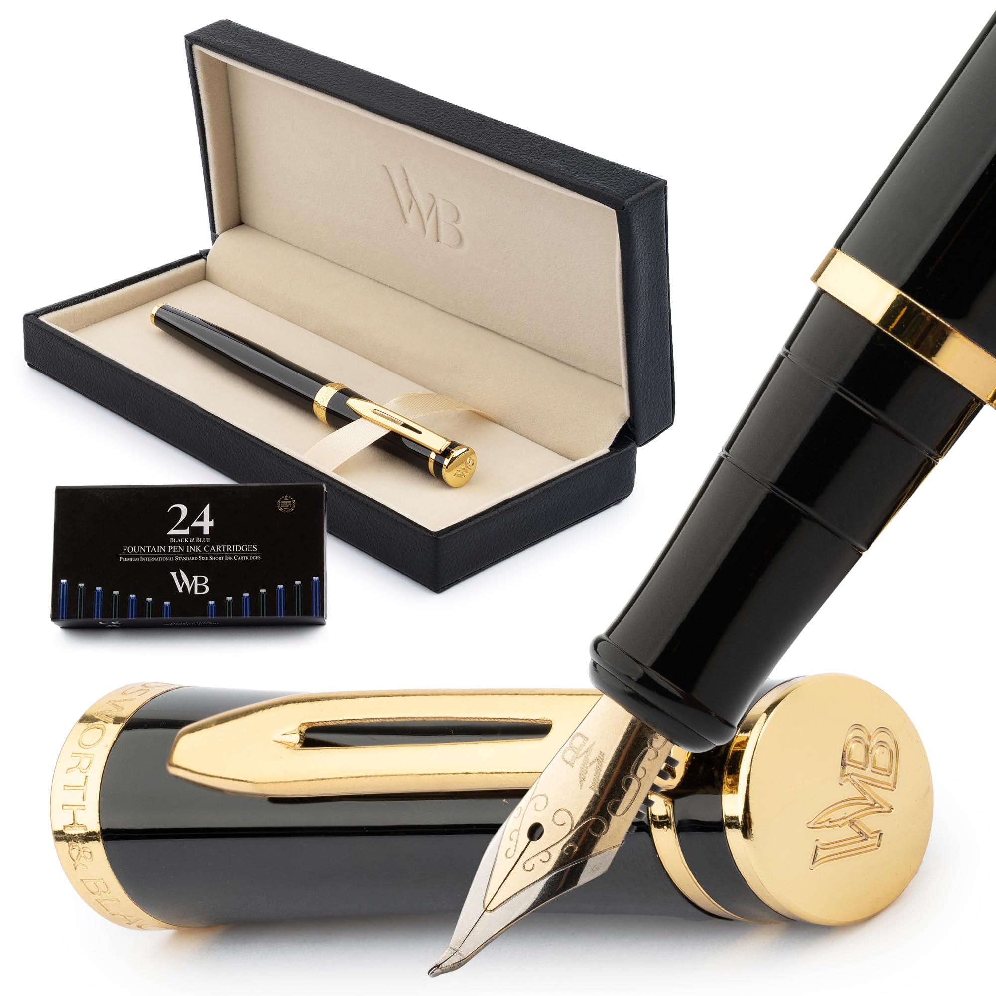 Wordsworth & Black Fountain Pen Set, 18K Gilded Bent Nib, Includes 24 Pack Ink Cartridges, Ink Refill Converter & Gift Box, Gold Finish, Calligraphy, [Black Gold], Perfect for Men & Women — image 1