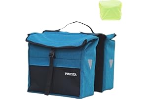 Vincita New Top Load Double Pannier Water Resistant Cycling Side Bags - 12 L with Rain Cover, Carrying Handle, Reflective Spots - Bike Rack Carrier Saddle Bag - Bicycle Accessories (Black/Turquoise)