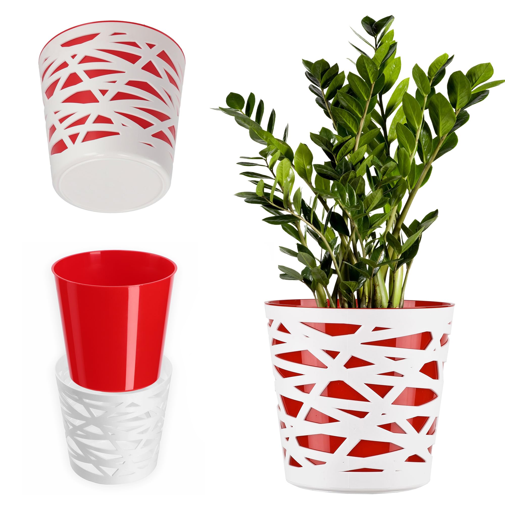 KADAX Round Flower Pot, Lightweight Planter with Unique Design for Living Room, Plastic Indoor Plant Pot for Houseplants, Herbs (⌀ 17 cm, Red)