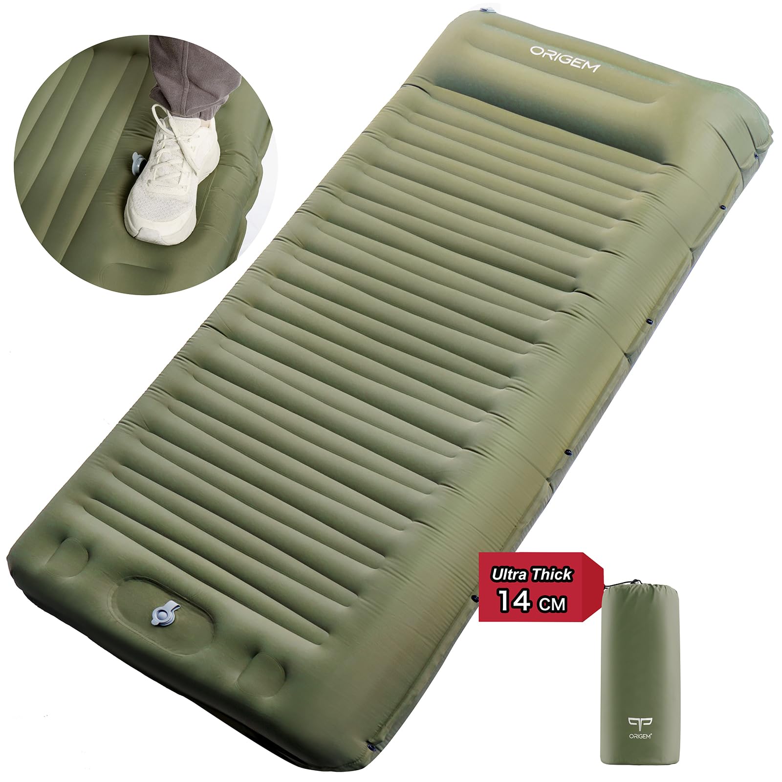 Origem Isomatte Camping Matratze, 14cm Ultraleichte Schlafmatte Aufblasbar Kleines Packmaß, Aufblasbarer Fuß Luftmatratze Outdoor mit Fußpumpe 7
