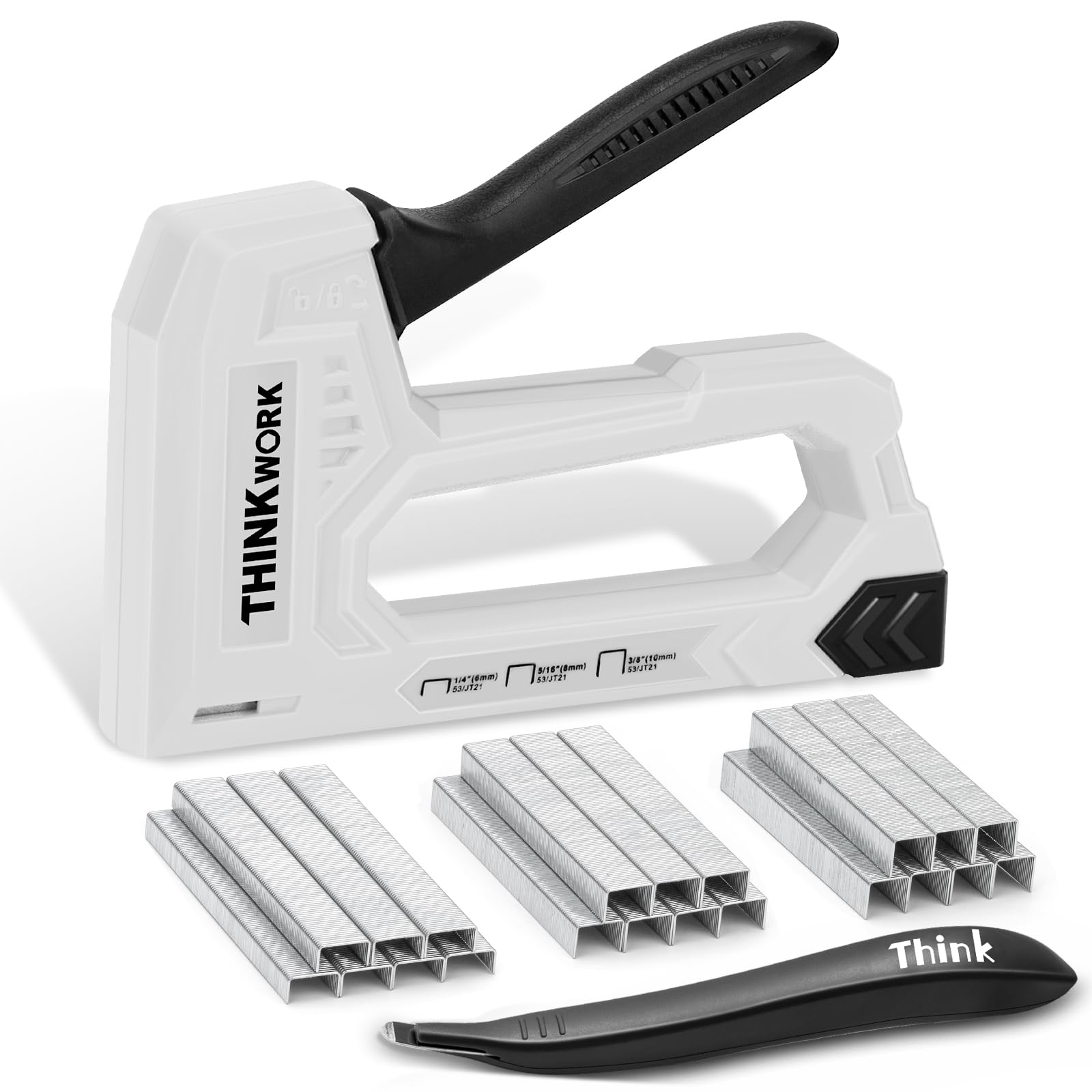 Photo 1 of THINKWORK Light Duty Staple Gun - Upholstery Staple Gun for Wood with 1600pcs JT21 Staples 1/4", 5/16", 3/8" and Staple Remover, Fabric Stapler Gun for Crafts, Home Use, Wall, DIY, Lights Decora, Grey