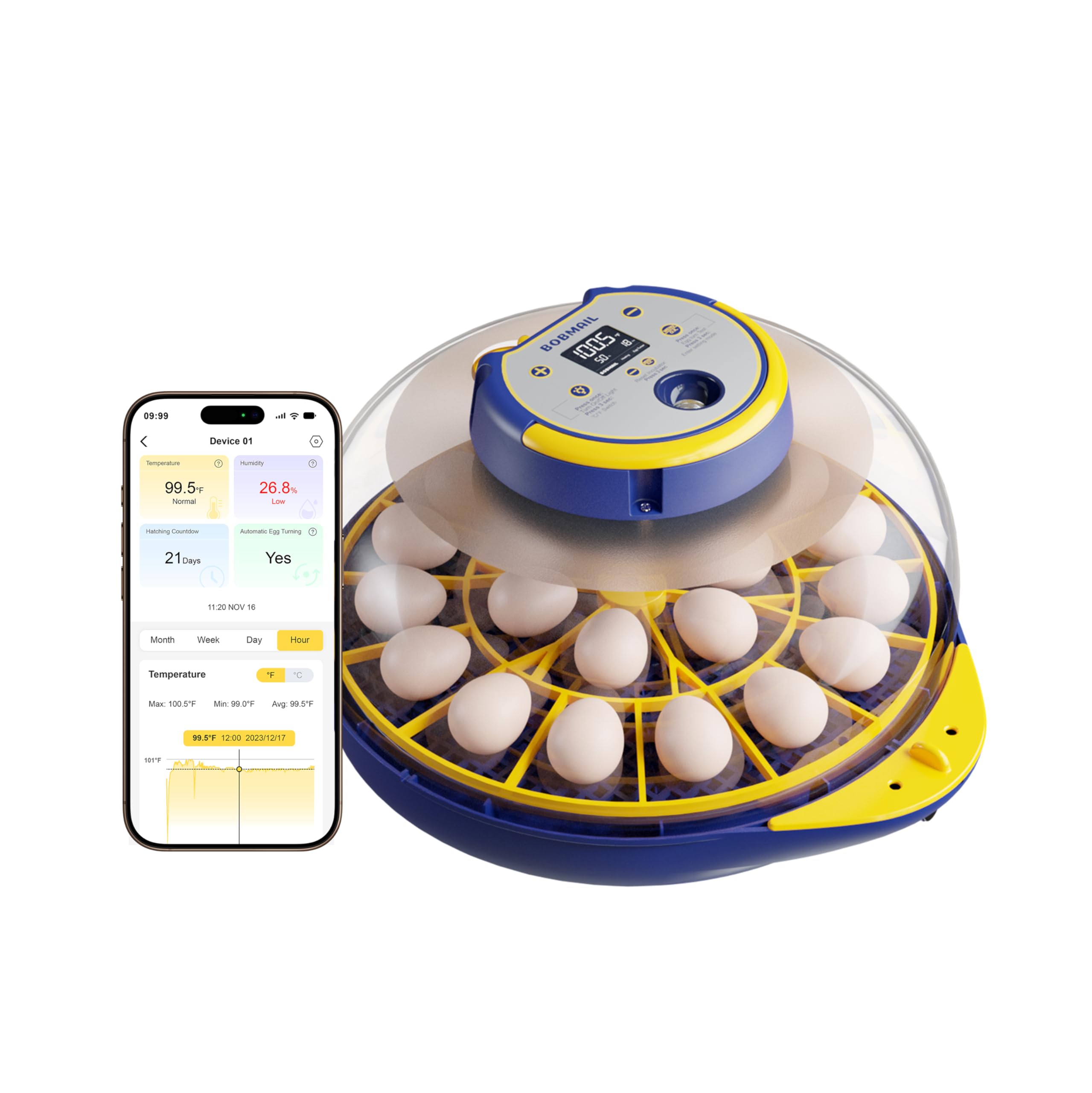Photo 1 of 21 Egg Incubator, App Record Temperature and Humidity Data During Incubation, Incubator with Automatic Egg Turning and Humidity Control, Hold 21 Chicken Eggs (Blue)