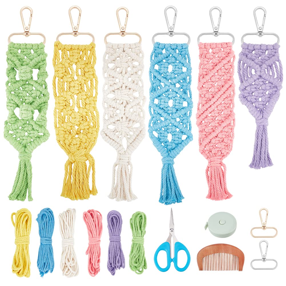 INFUNLY 6 Set Macrame Keychain Kit Mix Color DIY Mini Boho Keychains Kits Bag Charms Macrame Keychain Bracelet with Tassels for Car Key Purse Phone Instruction Included