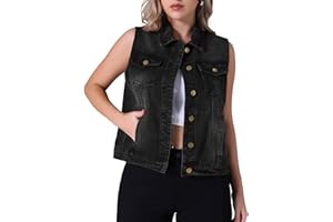 CIMUK Women's Denim Vest Button Down Jacket W Chest Flap Pockets Washed Distressed Sleeveless Jean Jacket
