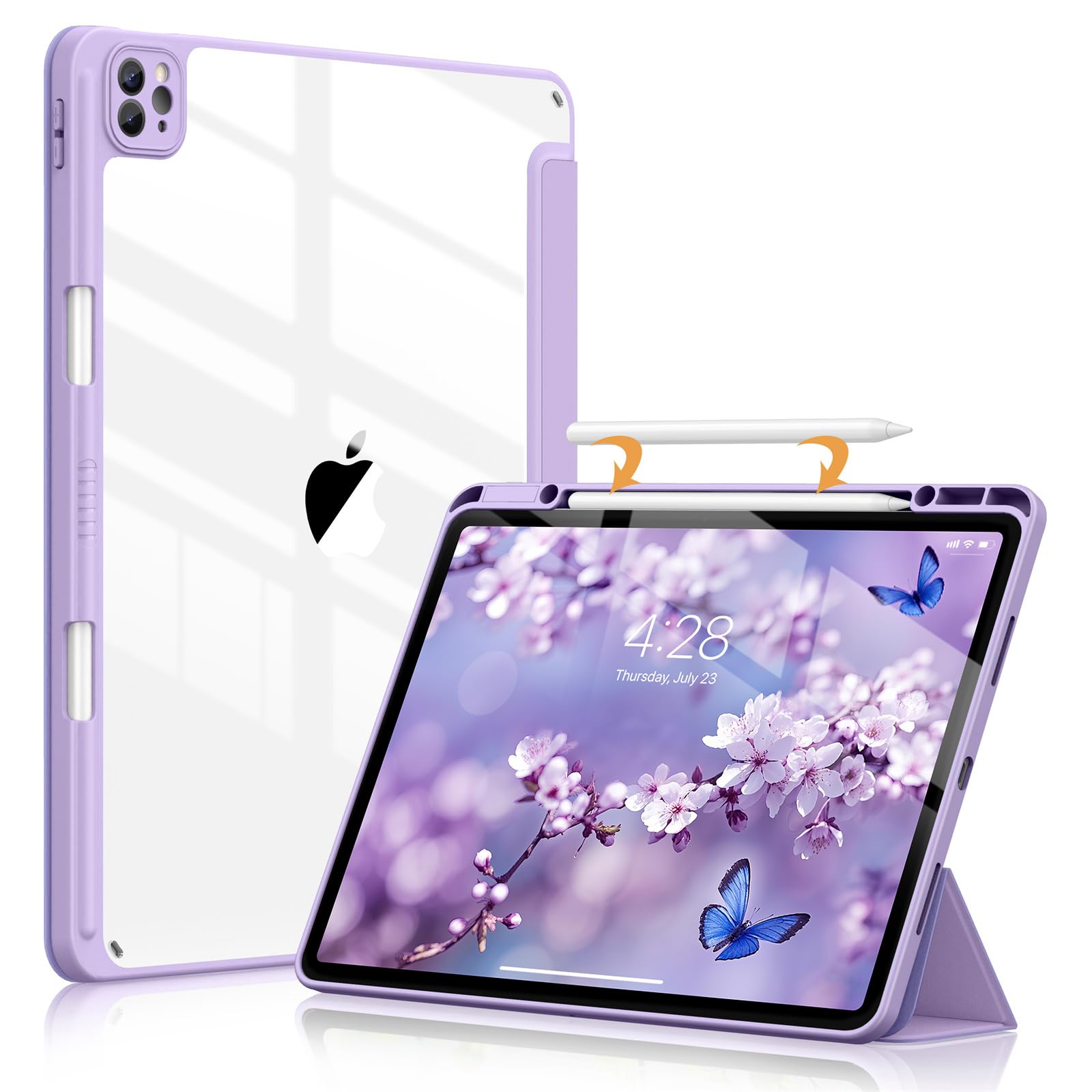 Photo 1 of Soke Case for iPad Pro 12.9 Inch (6th/5th/4th/3rd Generation, 2022/2021/2020/2018) - Pencil Holder + Auto Sleep/Wake + Camera Protection, Transparent Shockproof Back Cover, Lavender Purple
