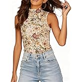 Dressmine Women's Floral Mesh Tank Top Sleeveless Mock Neck Layering Shirts Sexy Fitted Going Out Tops