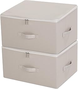 iwill CREATE PRO Contenedores de Almacenamiento de Lino Plegables Jumbo, Tide Up Your Closet, Conveniente Compartimiento de Almacenamiento con Tapa, Beige, Paquete de 2 