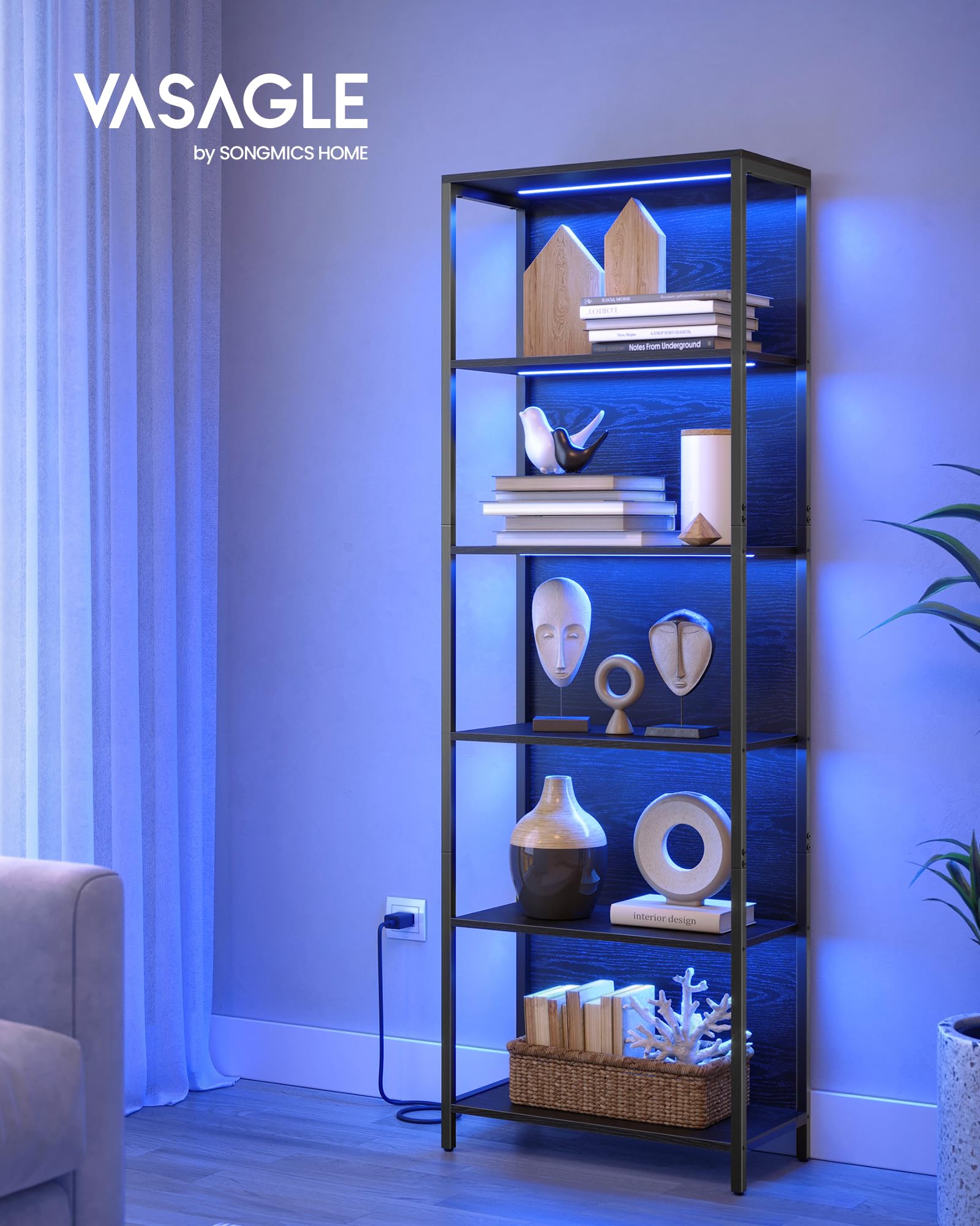 VASAGLE 6-Tier LED Bookshelf, Display Shelf with Dimmable Lights, LED Bookcase with Steel Frame, 11.9 x 23.6 x 70.3 Inches, for Living Room, Bedroom, Office, Black with Wood Grain ULLS120B56