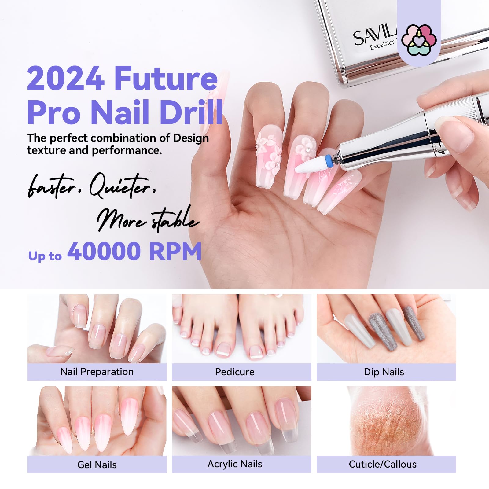 SAVILAND Electric Nail Drill Professional: 2024 Pro Future Tech 40000RPM Nail Drill Kit E File for Acrylic Nails Gel Polish Rechargeable 6000mAh Portable Nail Filer Drill Bits Salon - Image 4