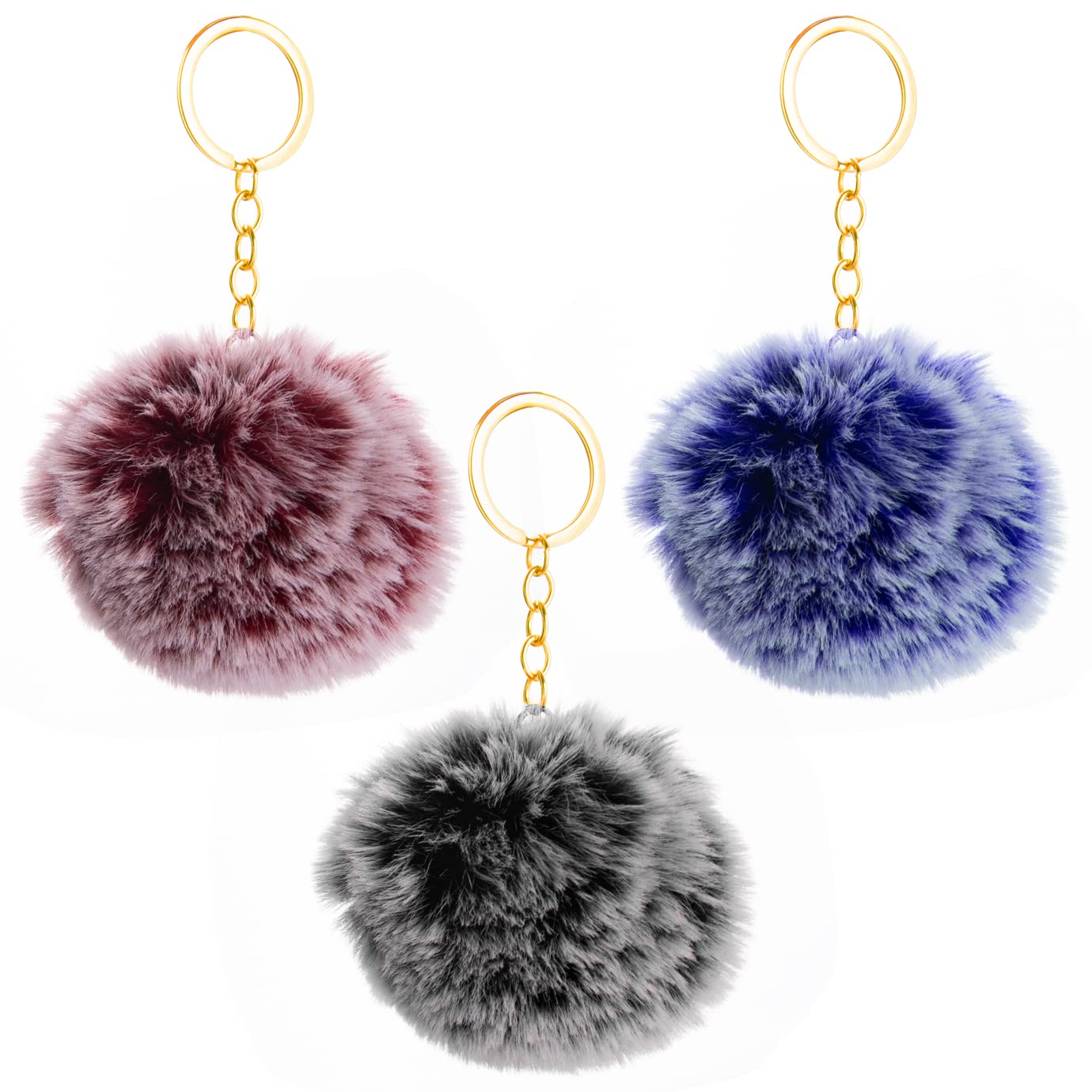 QUACOWW 3PCS Fluffy Keyring Balls Pom Poms Keychain Gradient Ramp for Girls Women Car Bag Accessories, Cell Phone and School Bag (Mix color)