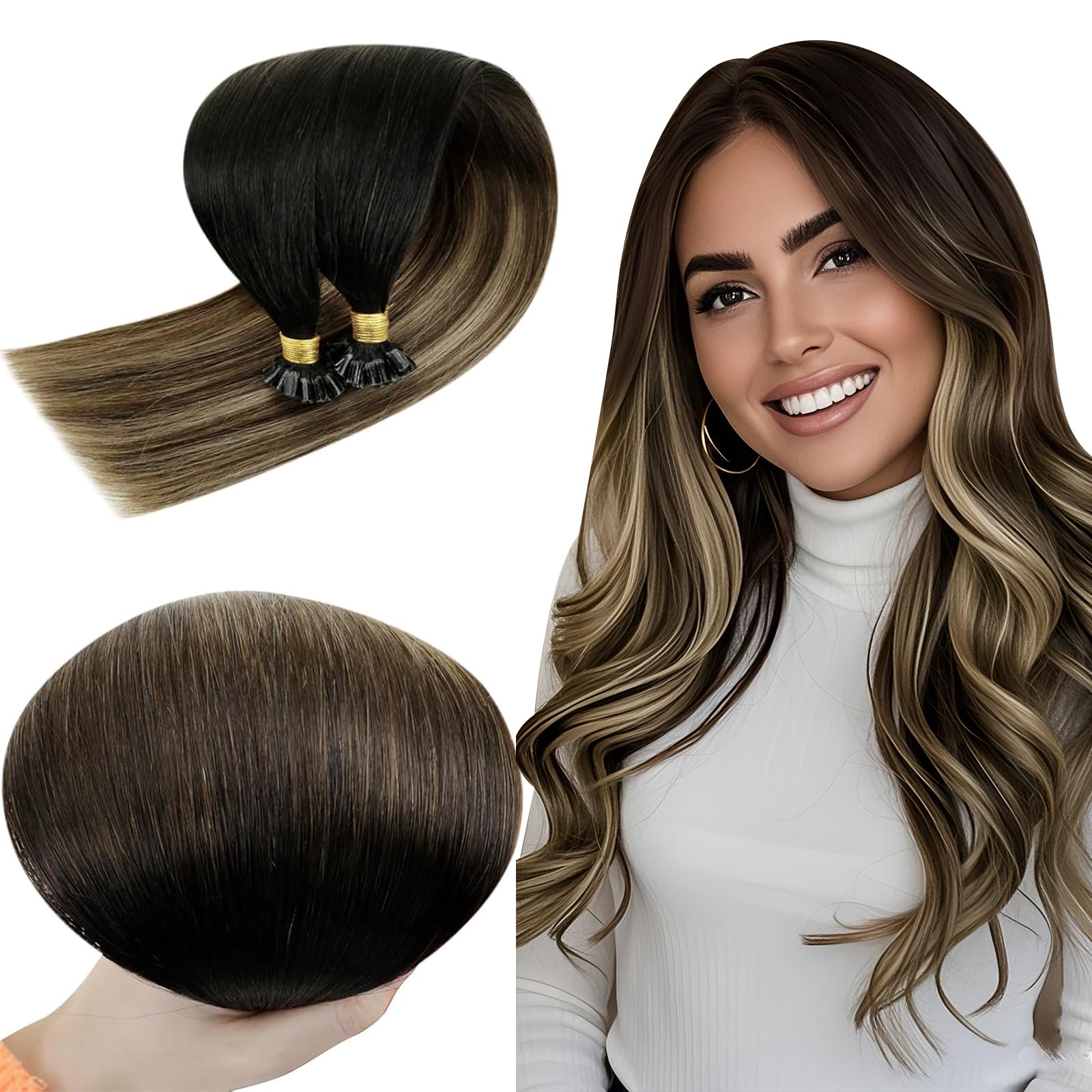 RUNATURE Keratin Hair Extensions Human Hair Brown Ombre Blonde U Tip Hair Extensions Remy Prebonded Hair Extensions Real Human Hair Brown 16 Inch 50g — image 1