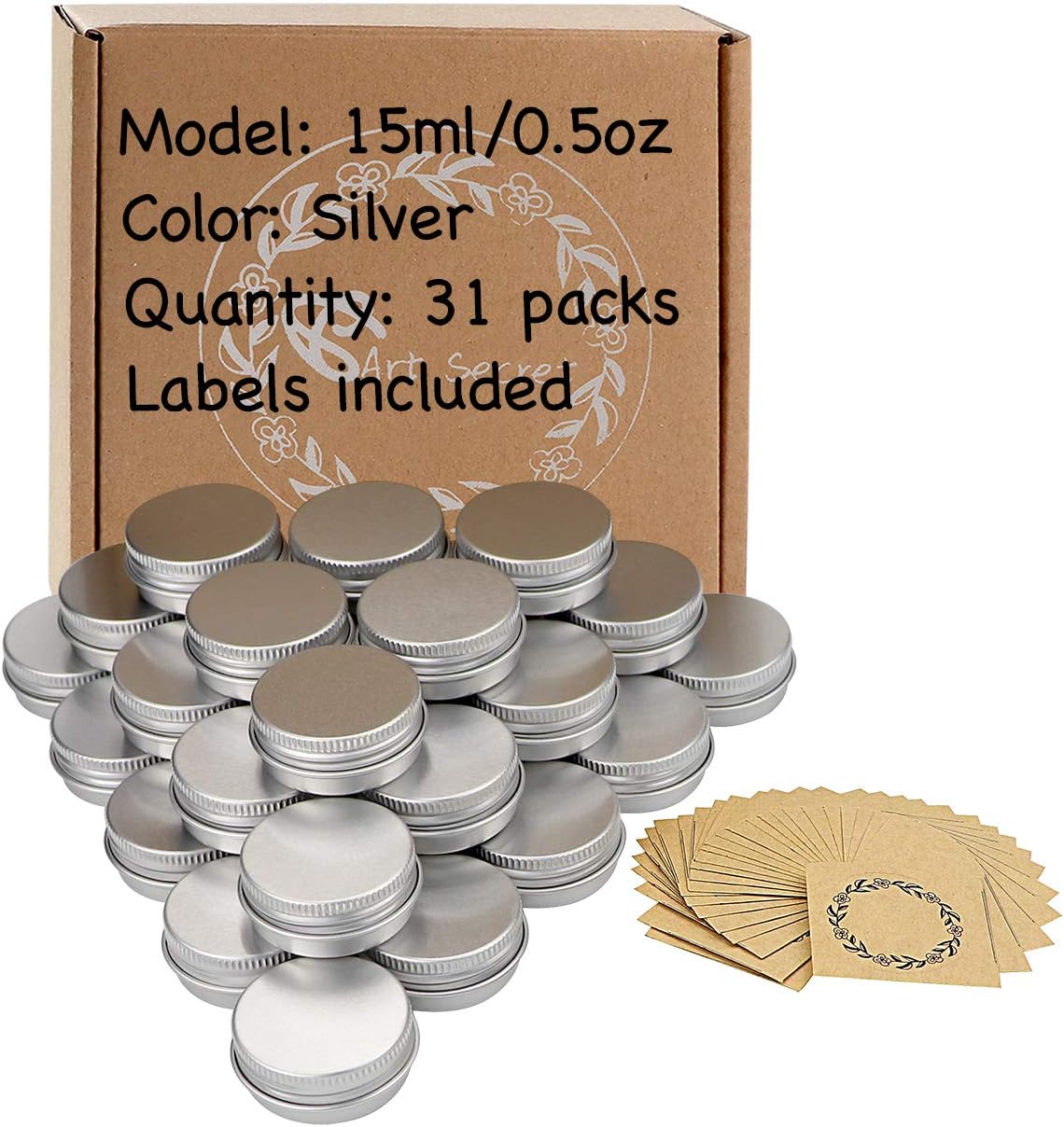 31pcs 0.5oz/15ml Sliver Aluminum Tin Jar with Screw Lid and Blank Labels