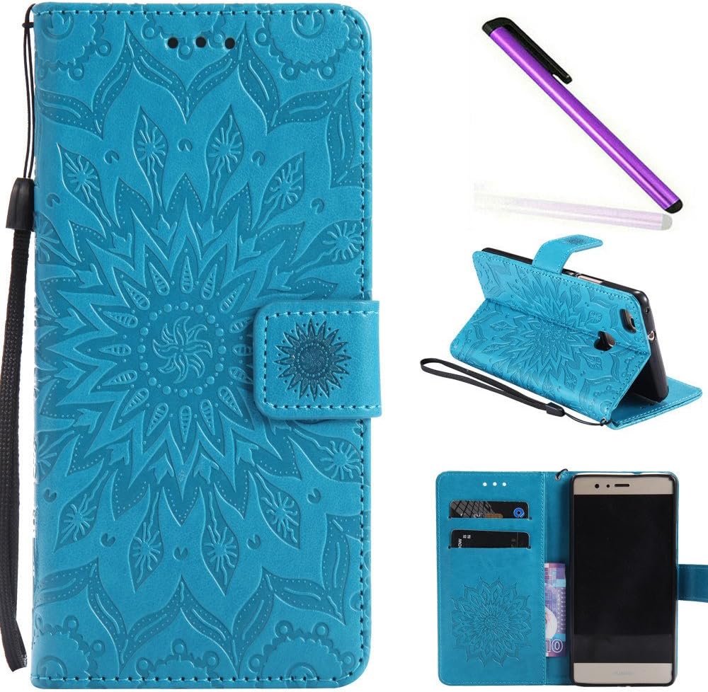 COTDINFOR Huawei P9 Lite Protection Case For Girl Elegant Retro Flip Case Wallet PU Premium Leather Magnetic Slim Stand Covers Card Holder for Huawei P9 Lite Blue Sunflower KT