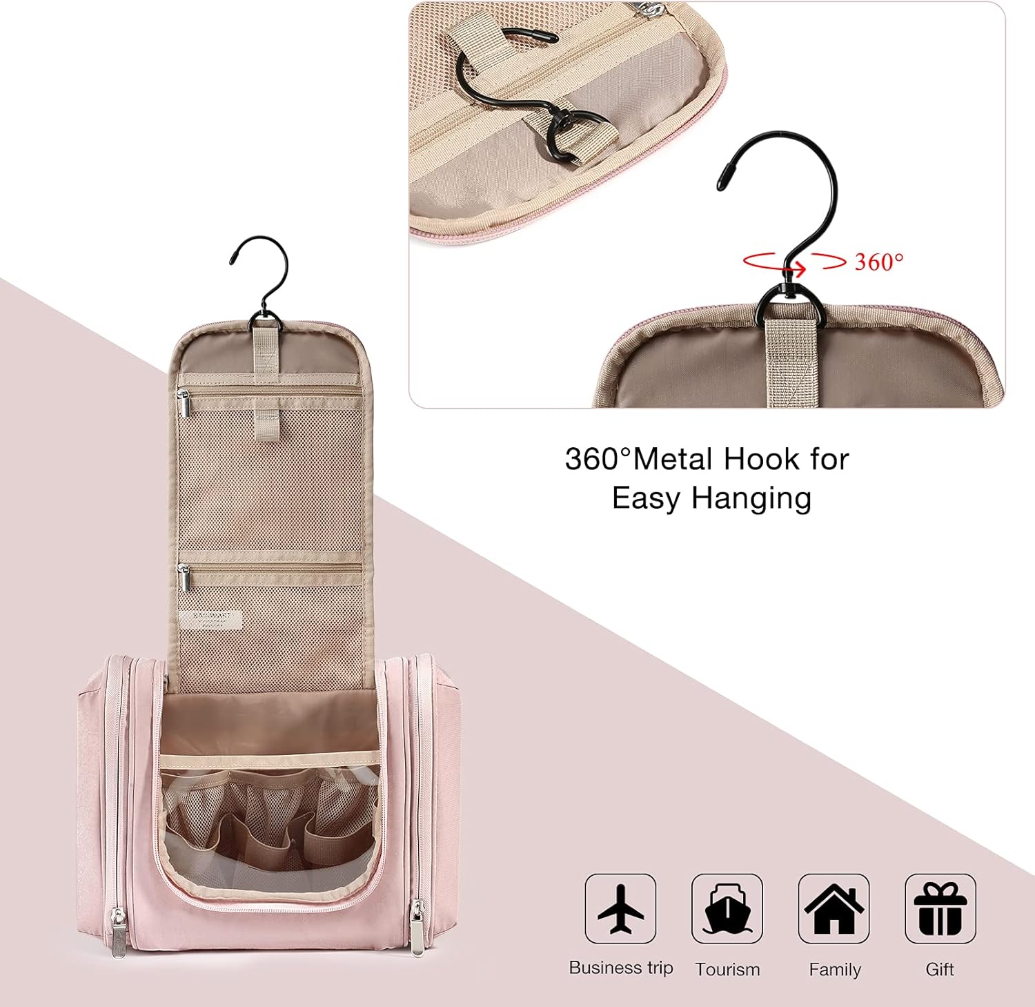 Hanging Toiletry Bag, BAGSMART Travel Toiletry Organizer with hanging hook, Water-resistant Cosmetic Makeup Bag Travel Organizer for Shampoo, Full Sized Container, Toiletries, Pink