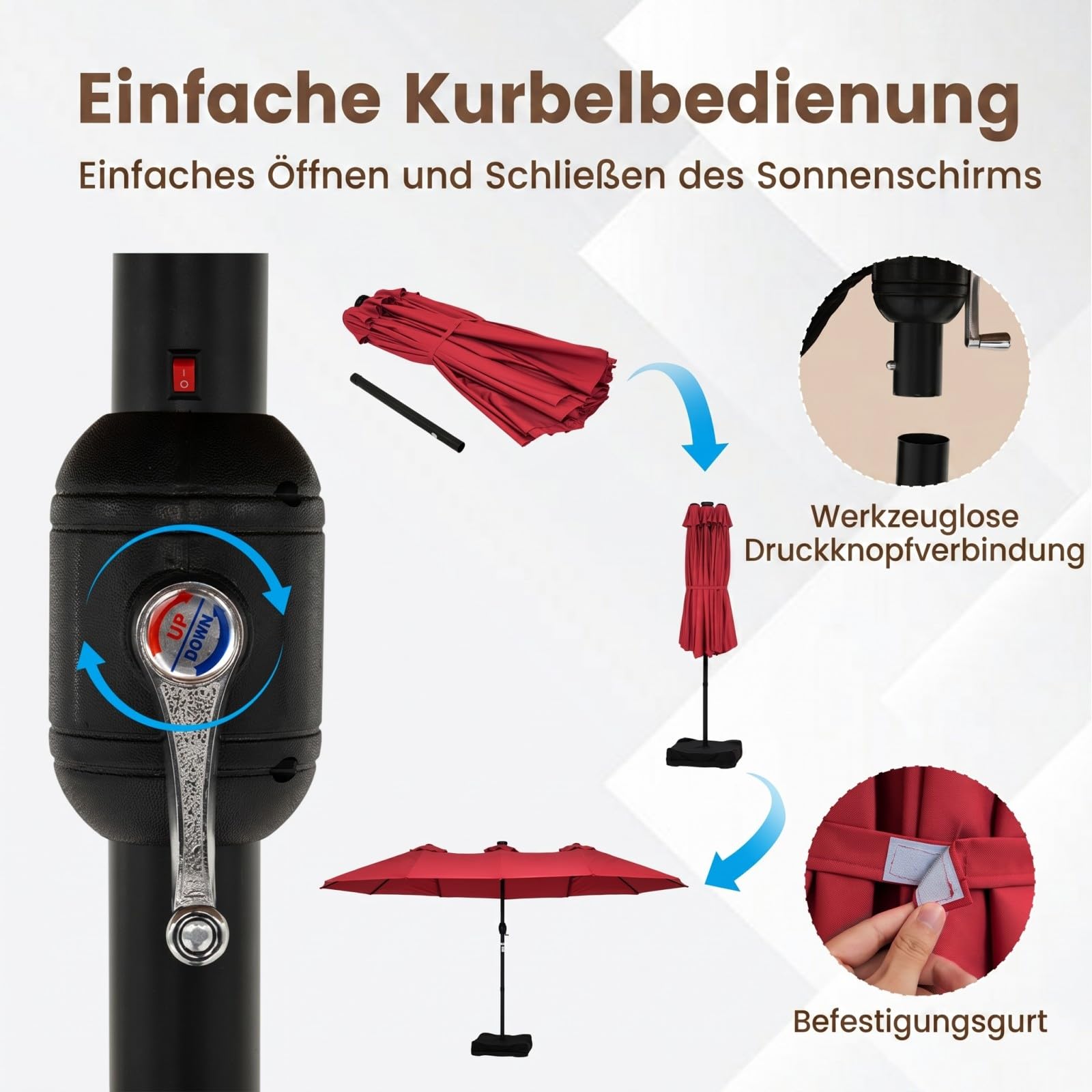 COSTWAY Doppelsonnenschirm mit Ständer und LED-Solar-Beleuchtung, 450 x 260 cm, Sonnenschirm Groß XXL, UPF 50+, Gartenschirm mit Kurbel, Terrassenschirm, Marktschirm für Garten, Terrasse (Rot) 8