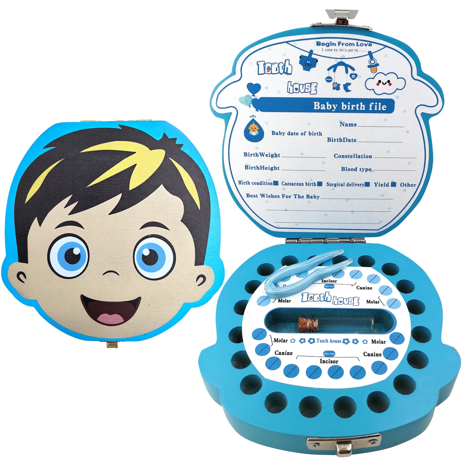 PAMBO Baby Tooth Fairy Box, First Keepsake Case for Kids - Wooden Tooth Holder & Storage Gift Box for Boys
