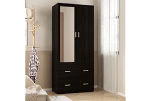 FAMAPY Armoire Wardrobe with Mirror & 2 Drawers, Armoires and Wardrobes 2-Door Wardrobe with Shelves & Hanging Rod, Gold Metal Handles, Espresso (31.5”W x 18.9”D x 72”H)