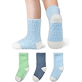 Durio Kids Fuzzy Slipper Socks with Non-Slip Grips - 3 Pairs Cozy Warm Crew Sock for Boys Girls, Soft Toddler Winter Socks