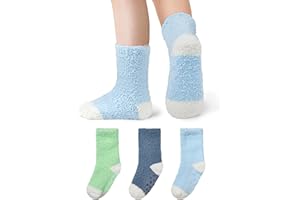 Durio Kids Fuzzy Slipper Socks with Non-Slip Grips - 3 Pairs Cozy Warm Crew Sock for Boys Girls, Soft Toddler Winter Socks