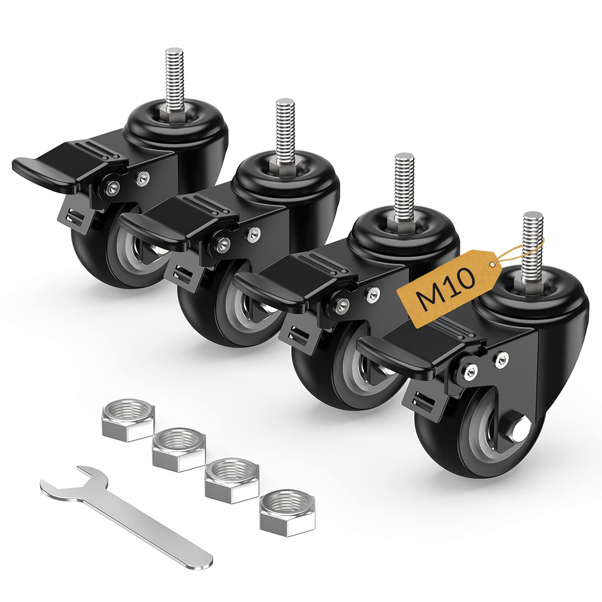 HOLKIE Castor Wheels 50mm Total Locking Stem Castors Set of 4 Heavy Duty, M10 x 1.5 x 25mm (Stem Diameter 10mm, Length 25mm) Threaded Casters with Brakes Trolley Furniture Swivel Caster Wheels