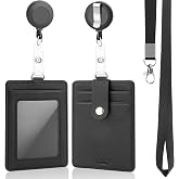 Yeokliin PU Leather Badge Holder with Lanyard, Black Lanyard with Retractable Reel Clips, Multiple Card Slots with Leather Snap, ID Badge Holder for Office Staff Doctor Teacher