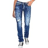 Flamingals Straight Leg Jeans for Women Mid Rise Ripped Wash Stretchy Curvy Fit Casual Denim Skinny Jeans