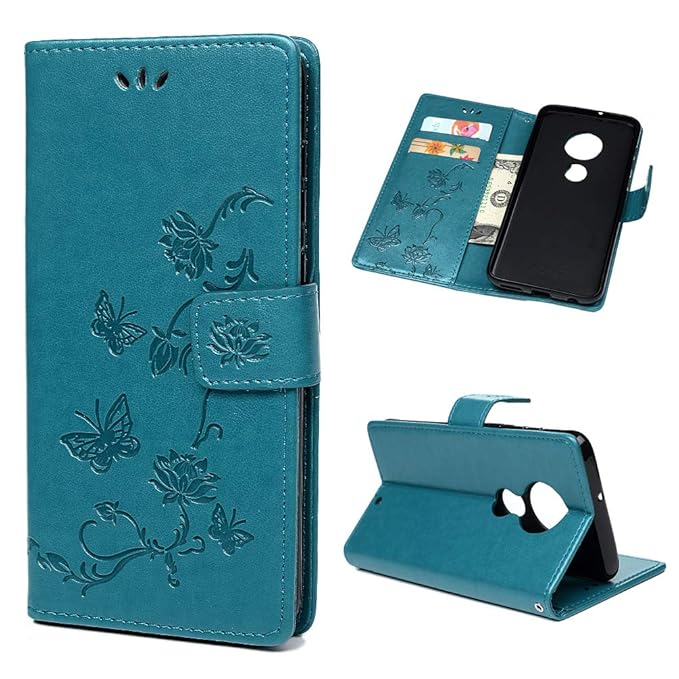 Edauto für Motorola Moto G7 Handyhülle Hülle Leder Flip Case Tasche Lotus Schmetterling Schutzhülle Kunstlederhülle Wallet Sc