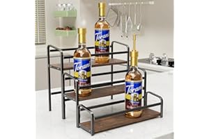 TISEMENT 3-Tier Coffee Syrup Rack for Countertop, Large Capacity 12-Bottles Syrup Stand with Wood Shelf & Metal Frame for Coffee Bar, Premium Black Coffee Organizer Station/Wine Rack for Kitchen Storage